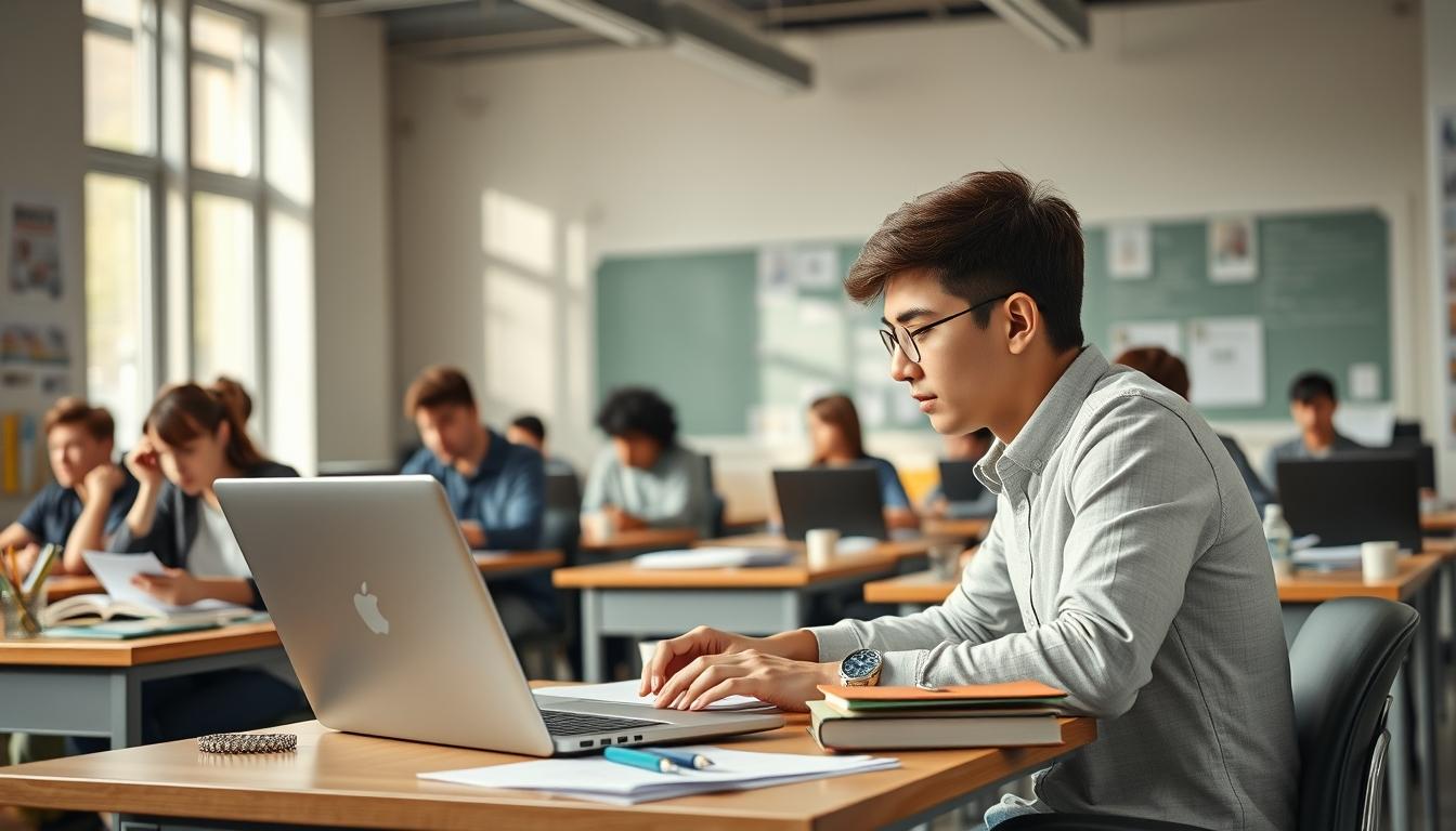 Student using a study guide to organize academic notes